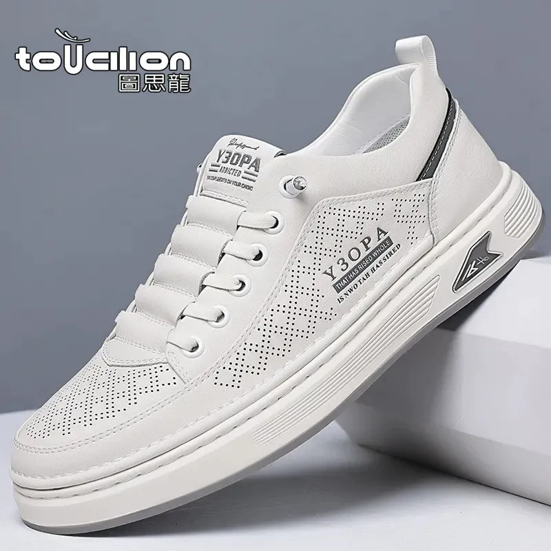 Soft leather casual sneakers for men, fashionable soft surface, breathable, white sneakers