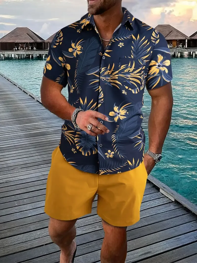 Men's Outfit, Casual Leaves Print Lapel Short Sleeve Button Up Shirt With Chest Pocket & Shorts 2-piece co ord set For Outdoor Activities