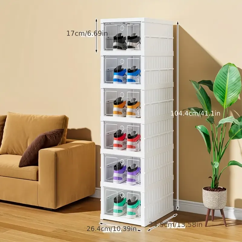 6 Tiers Shoe Organizer Storage Box, Portable Folding Shoe Rack For Closet With Clear Door, Large Sneaker Cabinet Bins