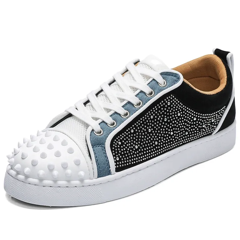 Men's Red-Soled Casual Shoes with Rivets and Rhinestones Trendy Men's Sneakers Two-Tone Hip-Hop Trainers