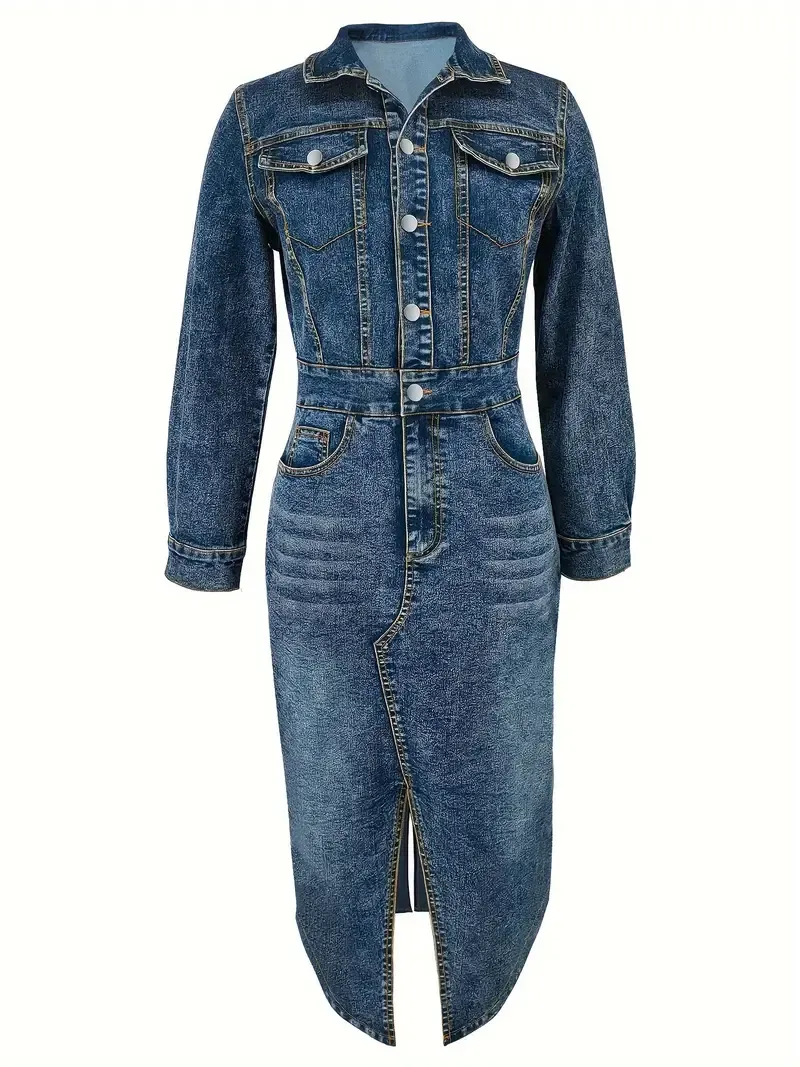 Women's Straight Fit Long Sleeve Denim Dress, Elegant Casual Slim Dress, Women's Clothing & Denim
