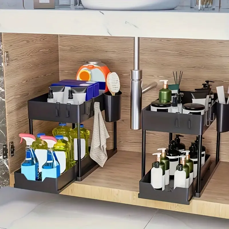 Sliding Under Sink Organizer With Hooks