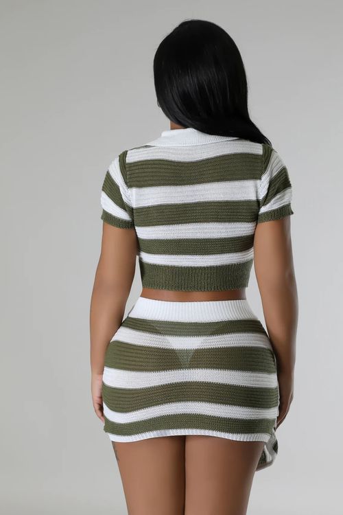 Lapel short-sleeved striped color-blocked knitted slim-fit hip-wrapped phoenix tail skirt two-piece suit