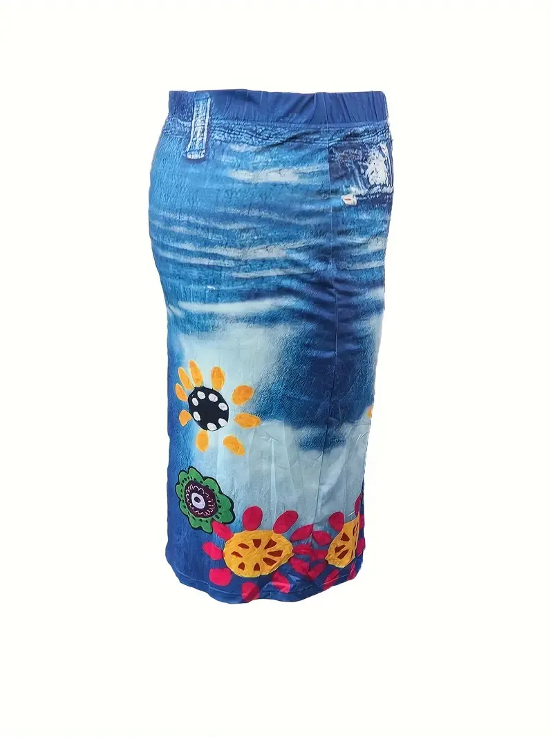 Plus Size Faux Denim Floral Print Skirt, Casual High Waist Midi Skirt For Spring & Summer, Women's Plus Size Clothing