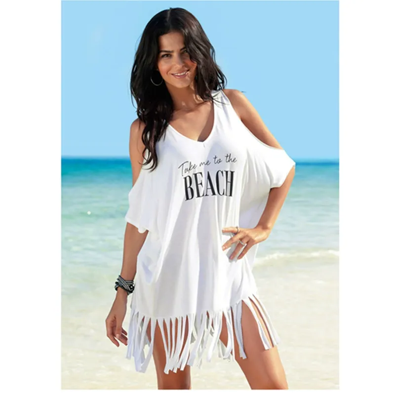 Cotton Fringe Printed Beach Cover-up Off-the-shoulder Short Sleeve Resort Top