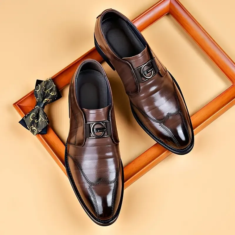 Men's Solid Bicycle Toe Dress Loafers With PU Leather Uppers, Wear-resistant Non Slip Slip On Shoes For Business Occasions, Men's Office Daily Footwear