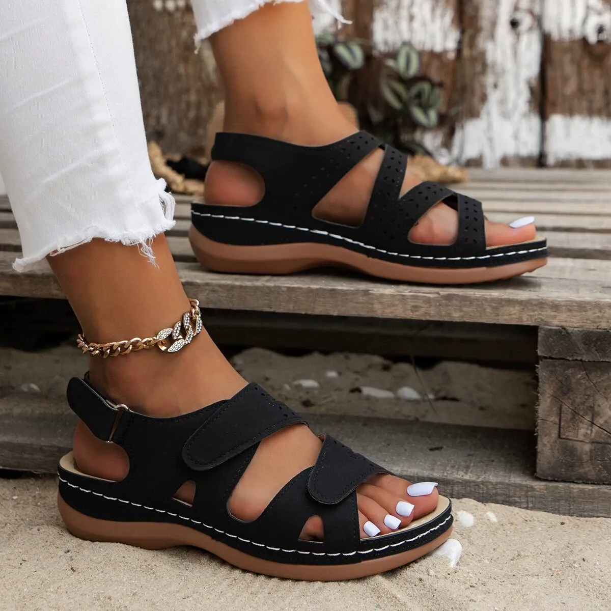 Thick-soled hollowed-out wedge heel Roman Velcro plain-color breathable slip-on women's sandals