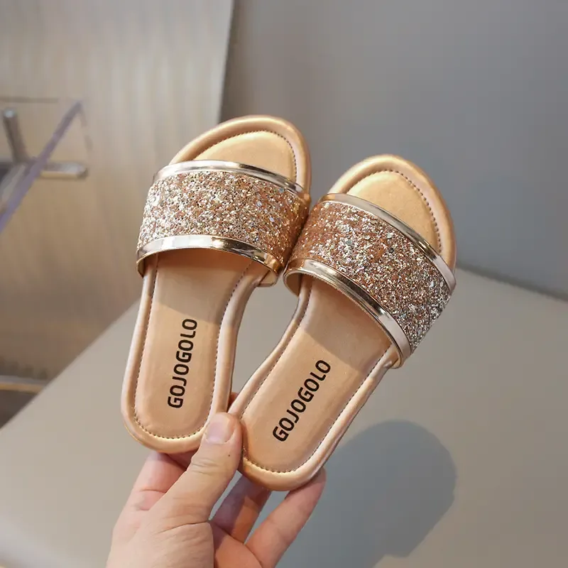 Girls' Sparkly Glitter Sandals, Casual Summer Flat Heel Slip-On Slippers, Simple Anti-Slip Rubber Sole Slide, Princess Shoes Beach Footwear For Kids