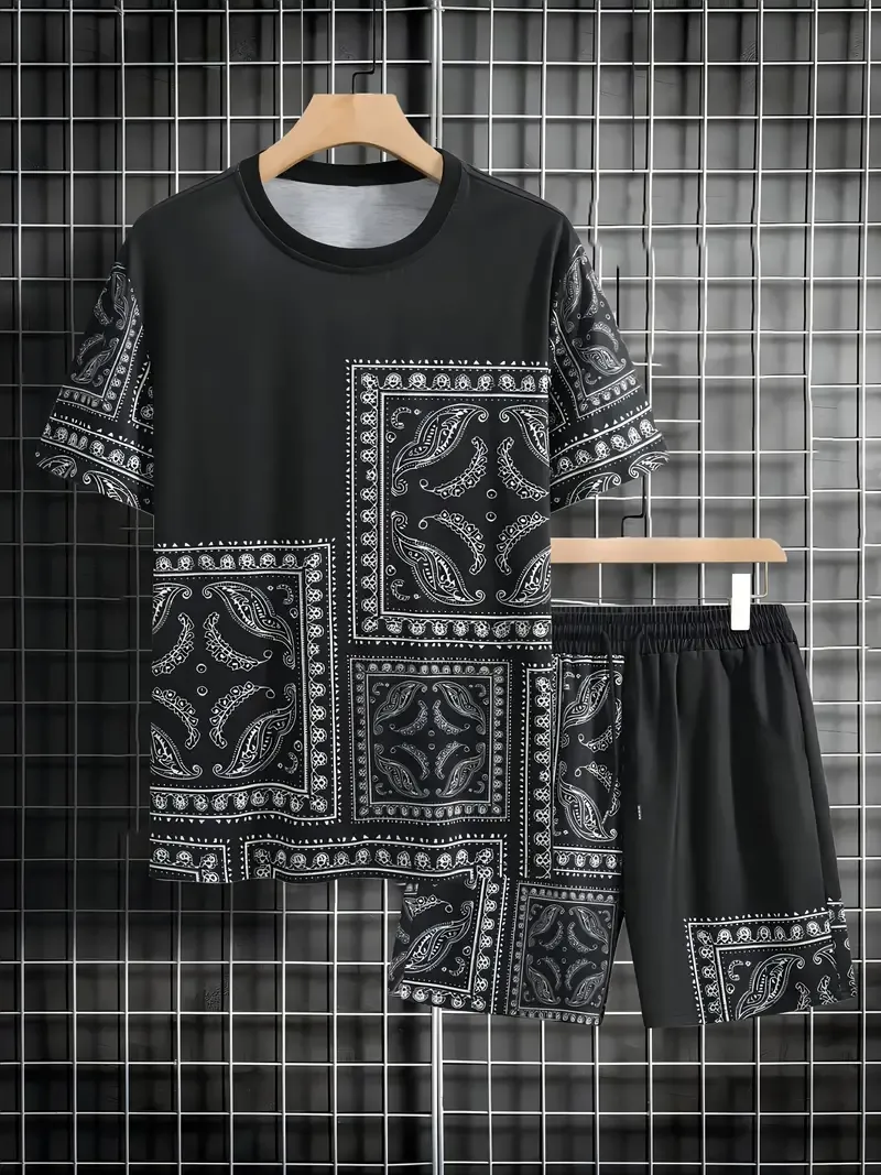 Men's Outfit, Paisley Graphic Print Casual Crew Neck Short Sleeve T-Shirt & Shorts 2-piece Set For Summer Outdoor Activities