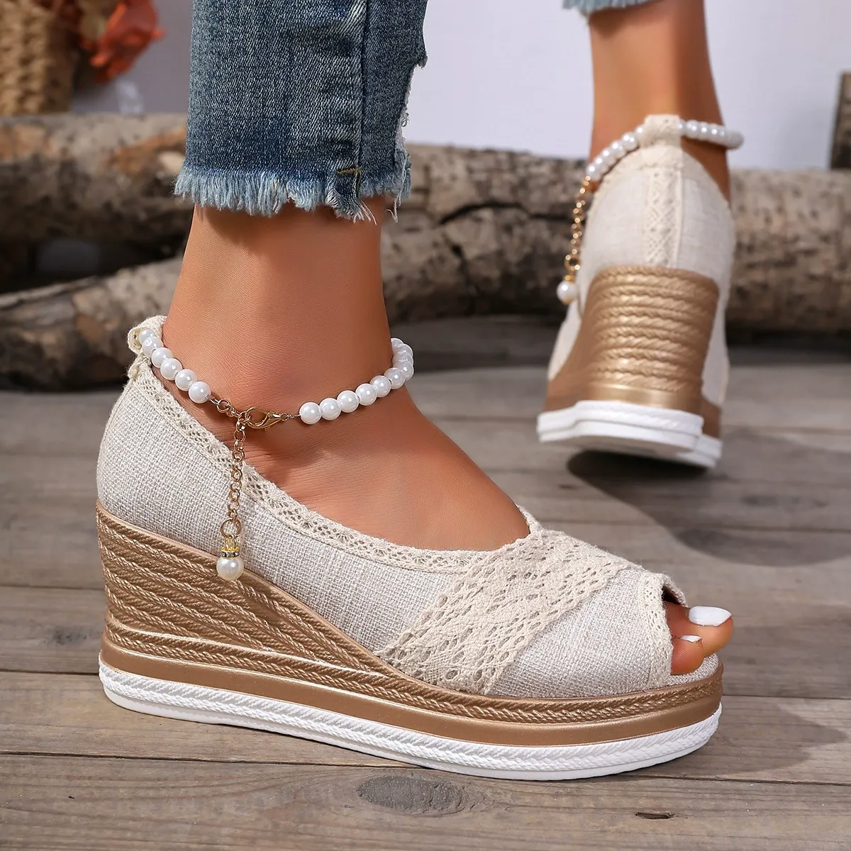 Wedge heel sandals thick sole fish mouth buckle