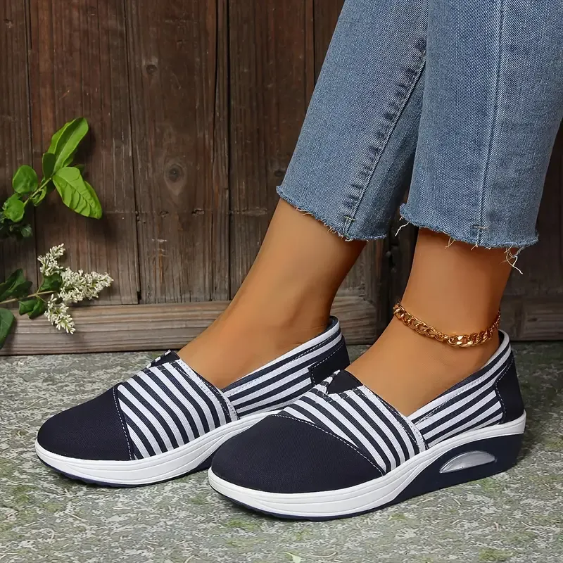 Striped Canvas Fashion Sneakers for Women - Comfortable All-Season Slip-On Low Top Round Toe Shoes with Fabric Inner, PU Sole - Hand Wash or Dry Clean Safe