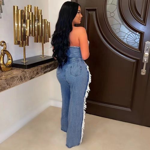 Personalized tassel ripped diamond washed denim jumpsuit trousers