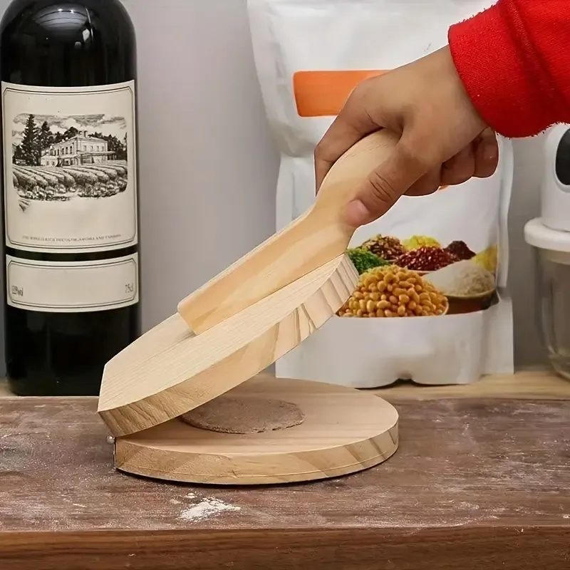 Versatile Wooden Dough Press: Manual Tortilla, Dumpling & Burger Maker with Handle - Non-Stick Pie & Meatloaf Mold - Rust-Proof Kitchen Gadget