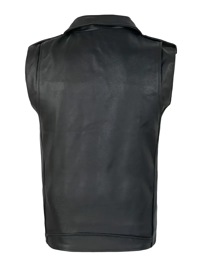 Men's Punk Biker Vest With Zipper And Belt Detail, Sleeveless PU Leather And Polyester Turn Down Collar Waistcoat, Hand Wash Or Dry Clean - All Seasons Cool Street Style Vest