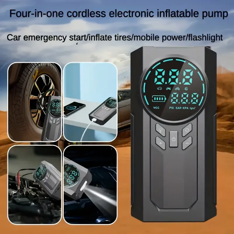 Portable Cordless Car Battery Emergency Starter with Tire Air Pump, LED Display, Flashlight, Mobile Power Supply, and Large Capacity Storage - 8800mAh Lithium Battery