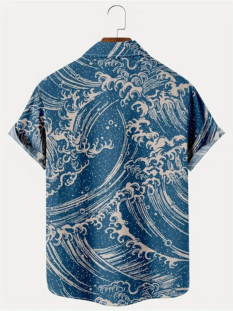 Men's Waves Carnival Arts Pattern Short Sleeve Lapel Shirt For Summer, Casual Comfy Tops As Gift