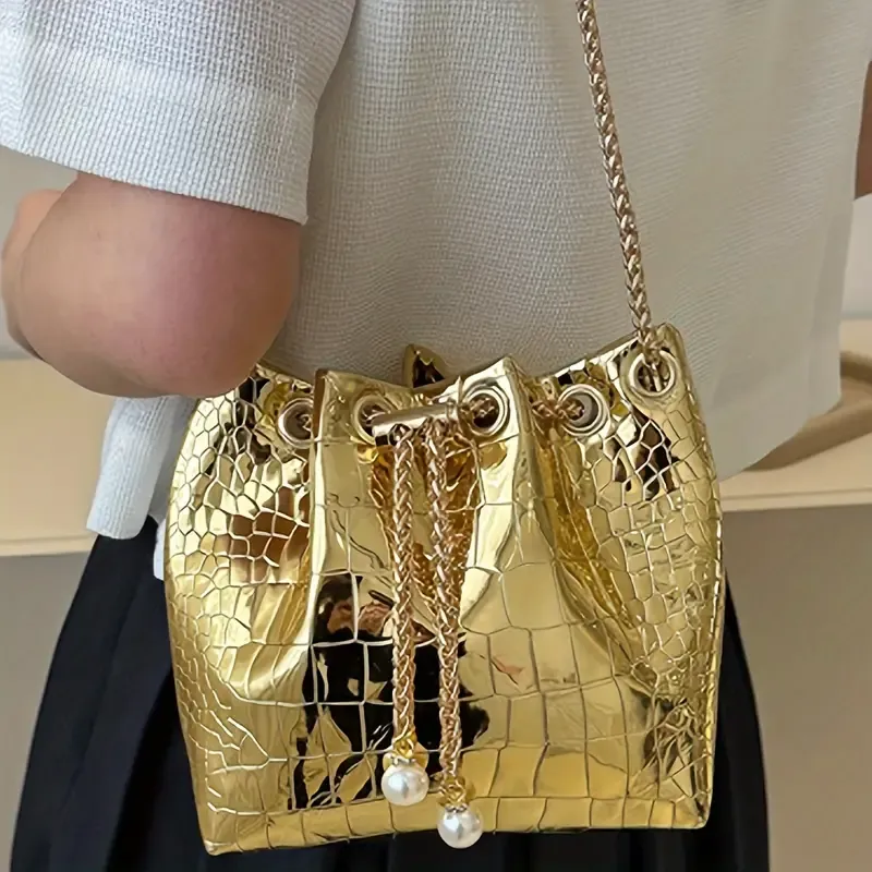 Crocodile Pattern Bucket Bag – Stylish High-End Designer Women's Crossbody Handbag With Drawstring Closure – Elegant Solid Color Shoulder Bag For Multiple Occasions