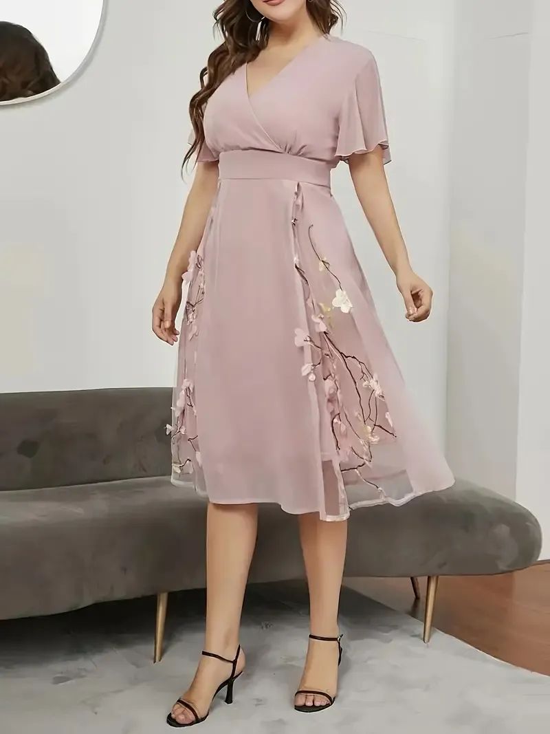 Floral Pattern High Waist Dress, Elegant Surplice Neck Flutter Sleeve Dress, Women's Clothing For Elegant Dressing