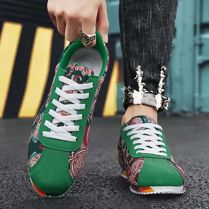 Men's Ethnic Style Floral Pattern Sneakers, Comfy Non Slip Durable Lace Up Vintage Shoes, Men's Footwear