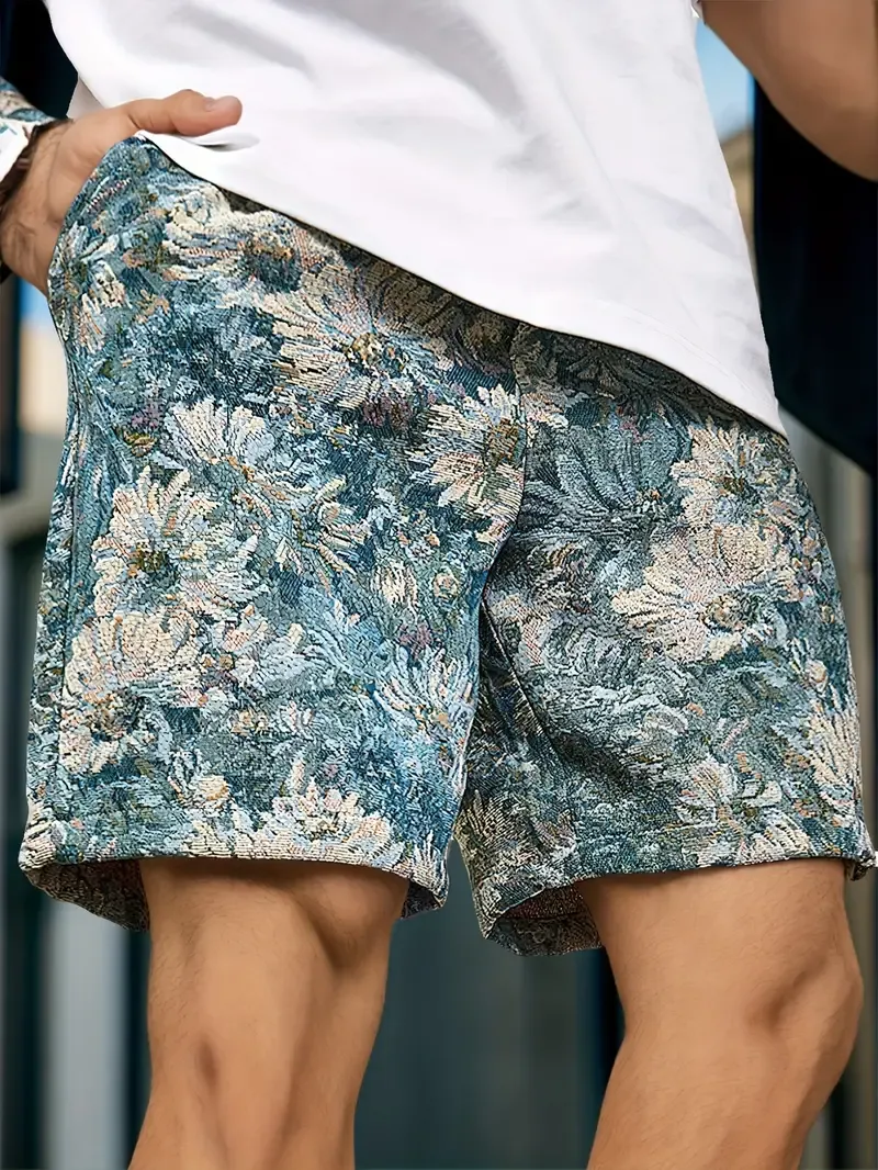 Men's Casual Loose Fit Denim Shorts, Floral Print Knee-Length With Drawstring