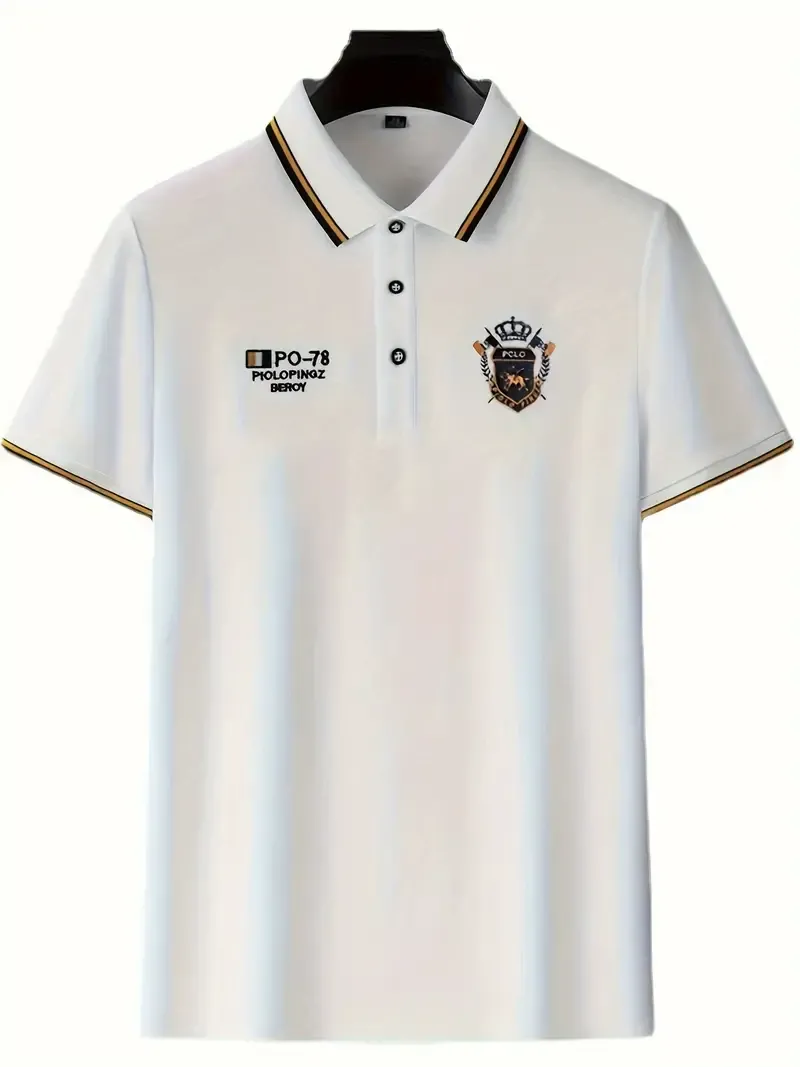 Men's Short Sleeve Lapel Shirt With Embroidered Design, Casual Summer Fashion For Young Men