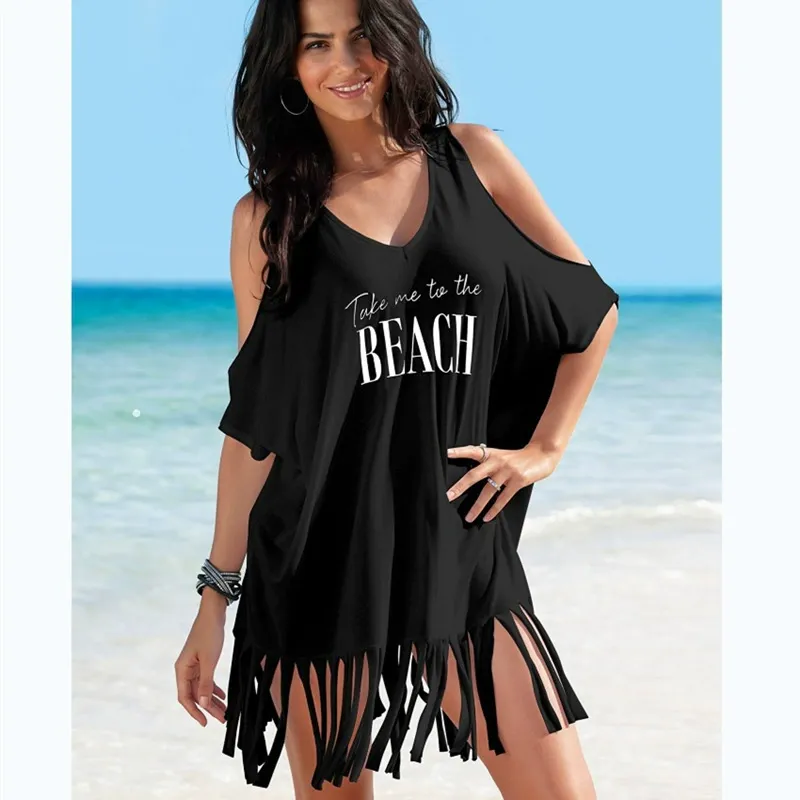 Cotton Fringe Printed Beach Cover-up Off-the-shoulder Short Sleeve Resort Top