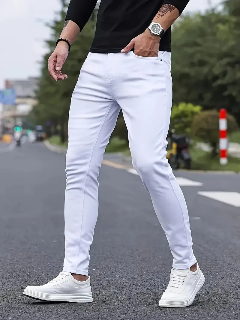Men's Solid Slim Fit Pants For Outdoor Daily Life, Trend Casual Trousers For Males