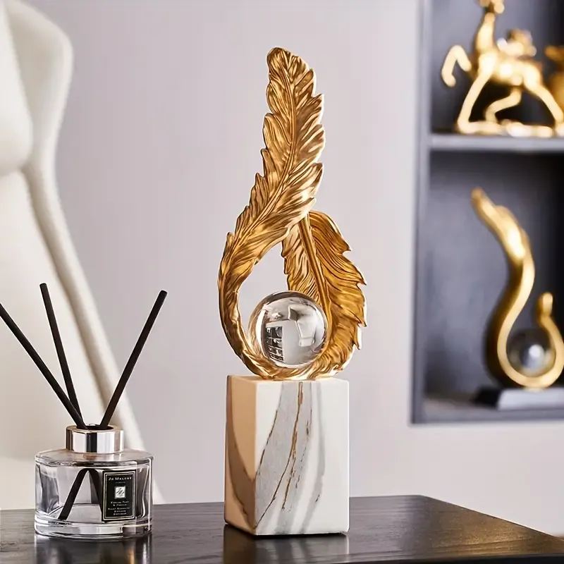 Elegant Feather & Orb Sculpture with Marble Pattern - Modern Minimalist Resin Art for Living Room, Bedroom, or Foyer Decor - Perfect Housewarming Gift