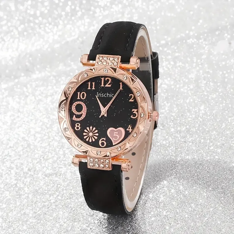 6pcs/set Women's Cute Heart Rhinestone Quartz Watch Analog PU Leather Wrist Watch & Bracelets, Valentines Gift For Her