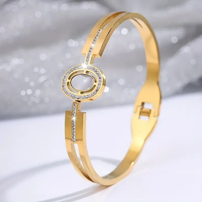 🔥🔥Hot Sale Promotion -Elegant Stainless Steel Open Cuff Bracelet with Rhinestone Accents - Perfect Gift for Her, Suitable for Casual Attire & Special Occasions