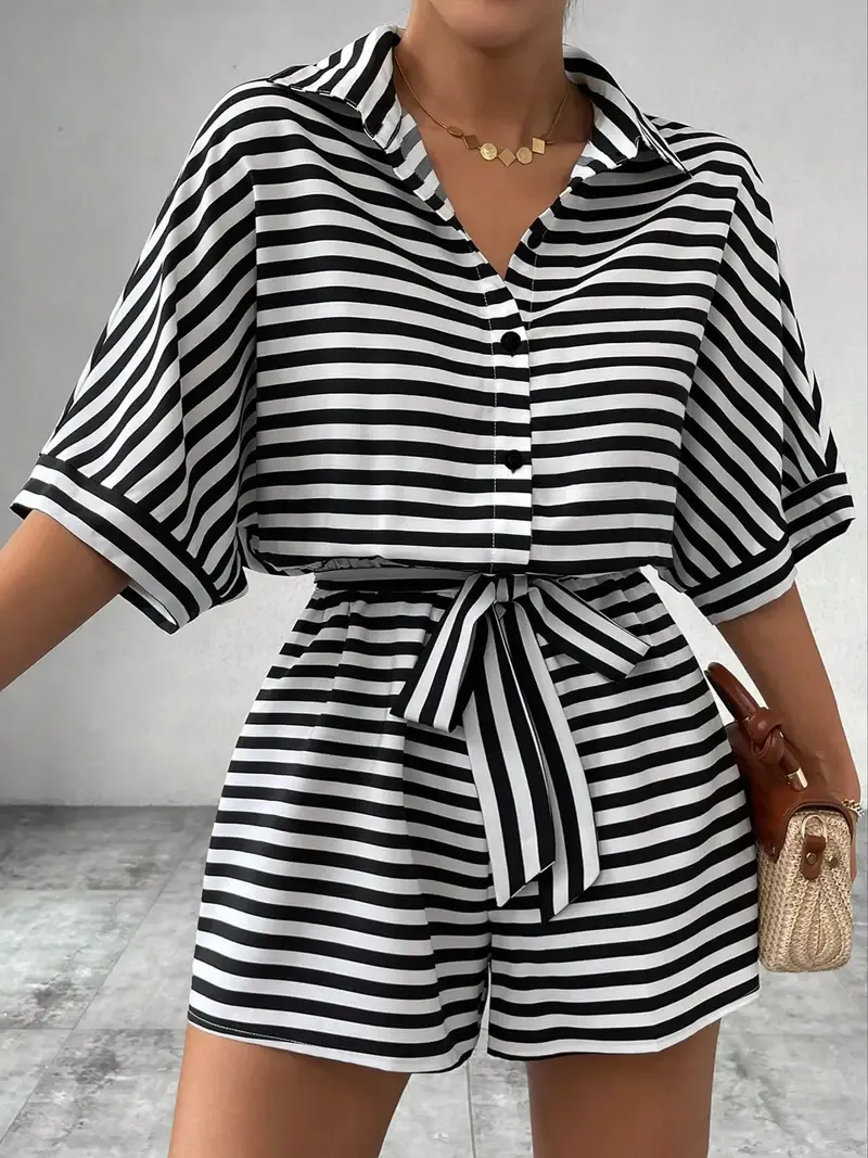 Striped Button Front Romper, Casual Short Sleeve Tie Waist Romper Jumpsuit For Spring & Summer, Women's Clothing