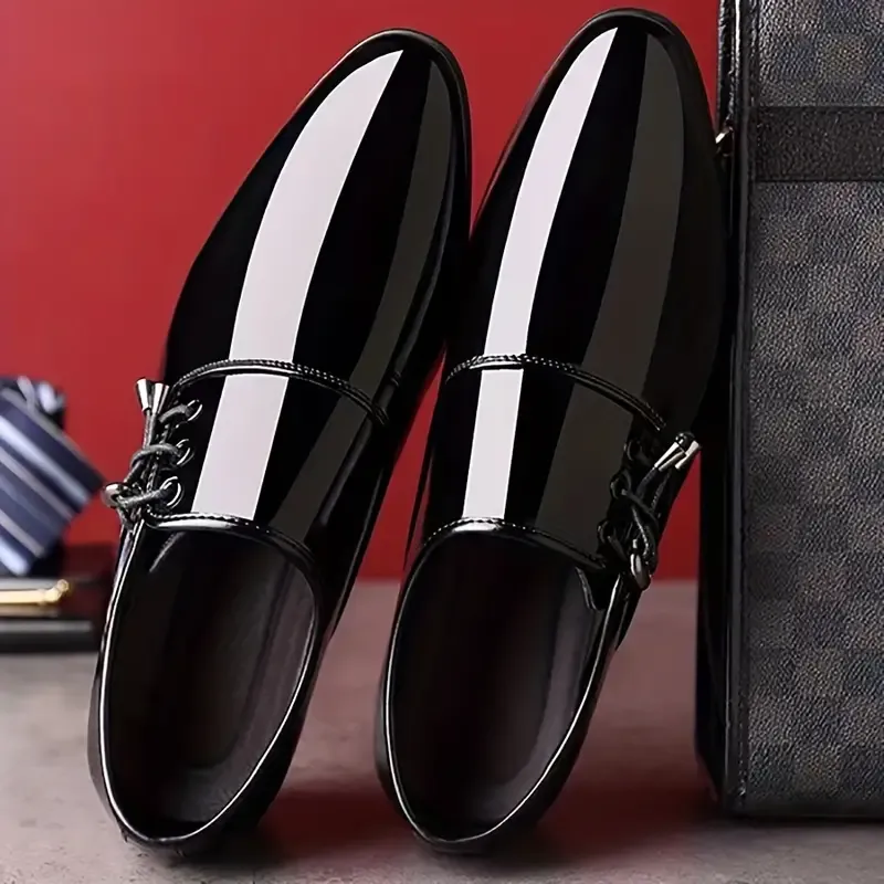Men's Pointed Toe Smart Casual Dress Shoes With Elastic Lace Buckle, Outdoor Solid Color Formal Dress Shoes For Business