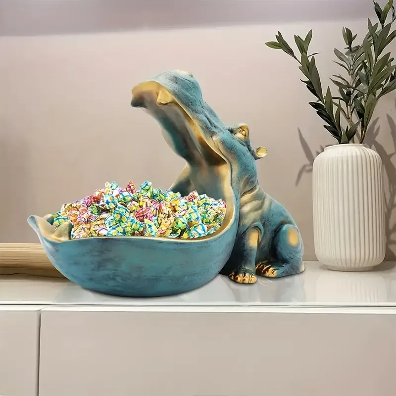 Resin Hippopotamus Statue with Large Mouth Fruit Tray - Collectible Figurines for Indoor and Outdoor Use - Key Bowl, Outdoor Decor, Table Art Decoration - No Electricity Required