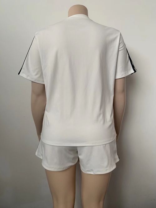 Striped Crew Neck Matching Two-piece Set, Casual Short Sleeve T-shirt & Shorts Outfits, Women's Clothing