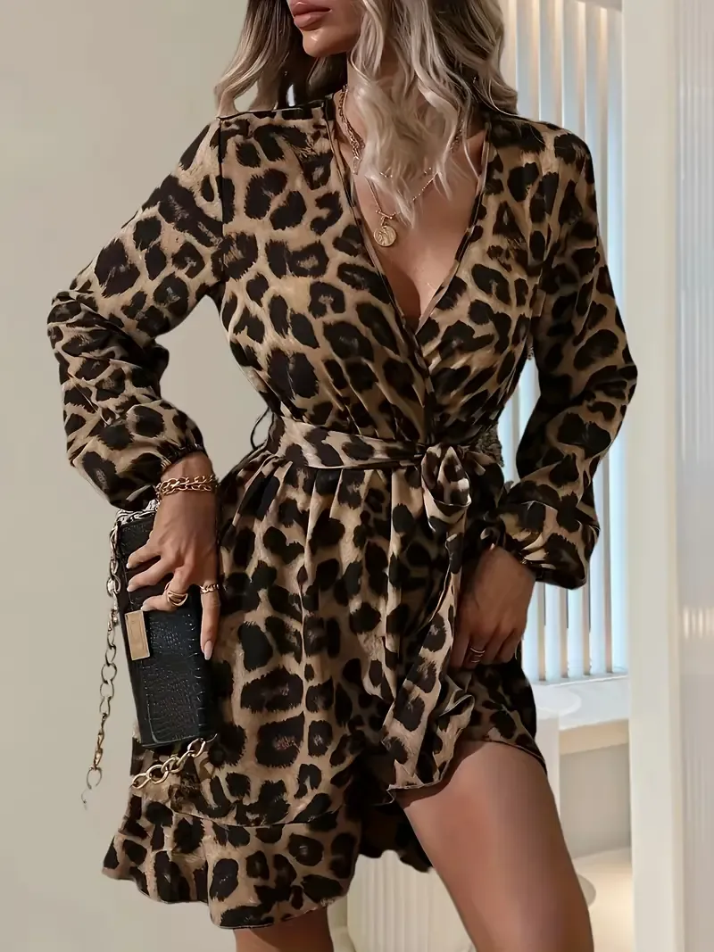 Elegant Leopard Print V-Neck Belted Dress, Polyester Ruffle Hem Lantern Sleeve Midi Dress for Women, All-Season Woven A-Line Animal Pattern Dress