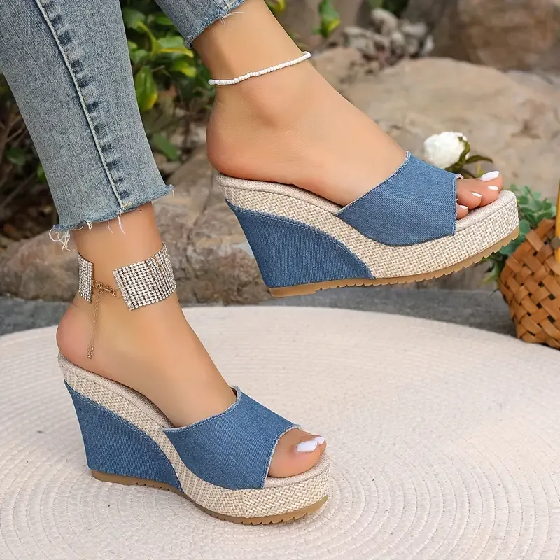 Women's Solid Color Casual Sandals, Platform Slip On Peep Toe Walking Slides, Comfort Wedge Beach Shoes