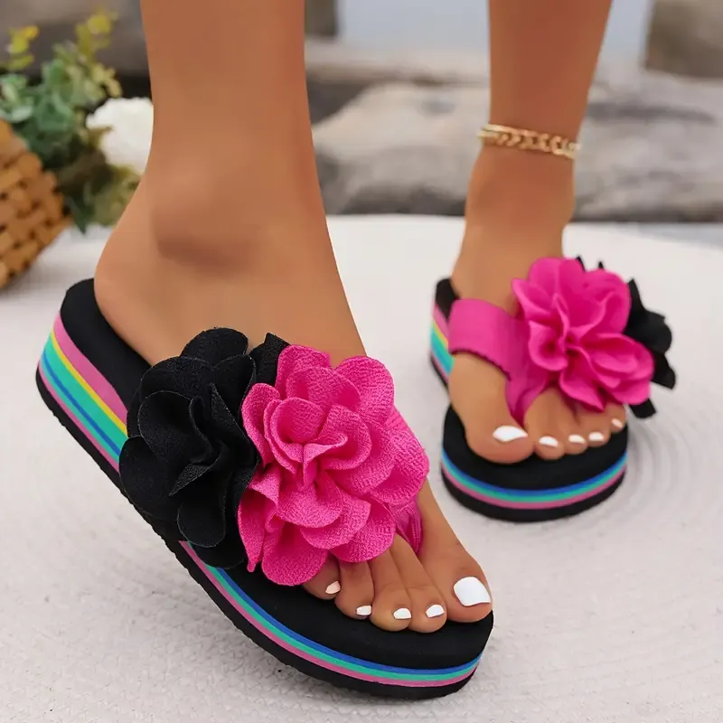 Women's Flower Decor Flip Flops, Casual Clip Toe Summer Shoes, Comfortable Slip On Beach Shoes