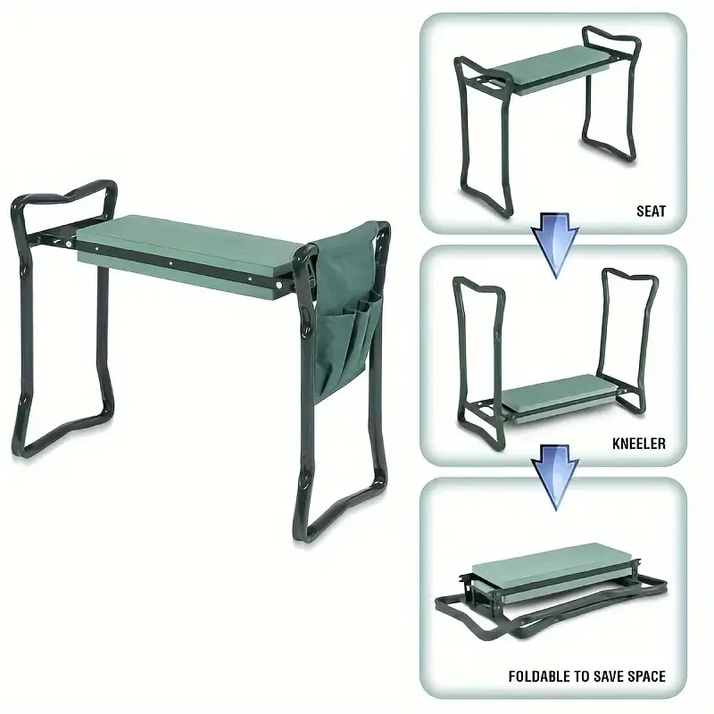 Versatile Garden Chair with Adjustable Height, Foldable Design & EVA Kneeling Cushion - Includes Side Pocket for Tools