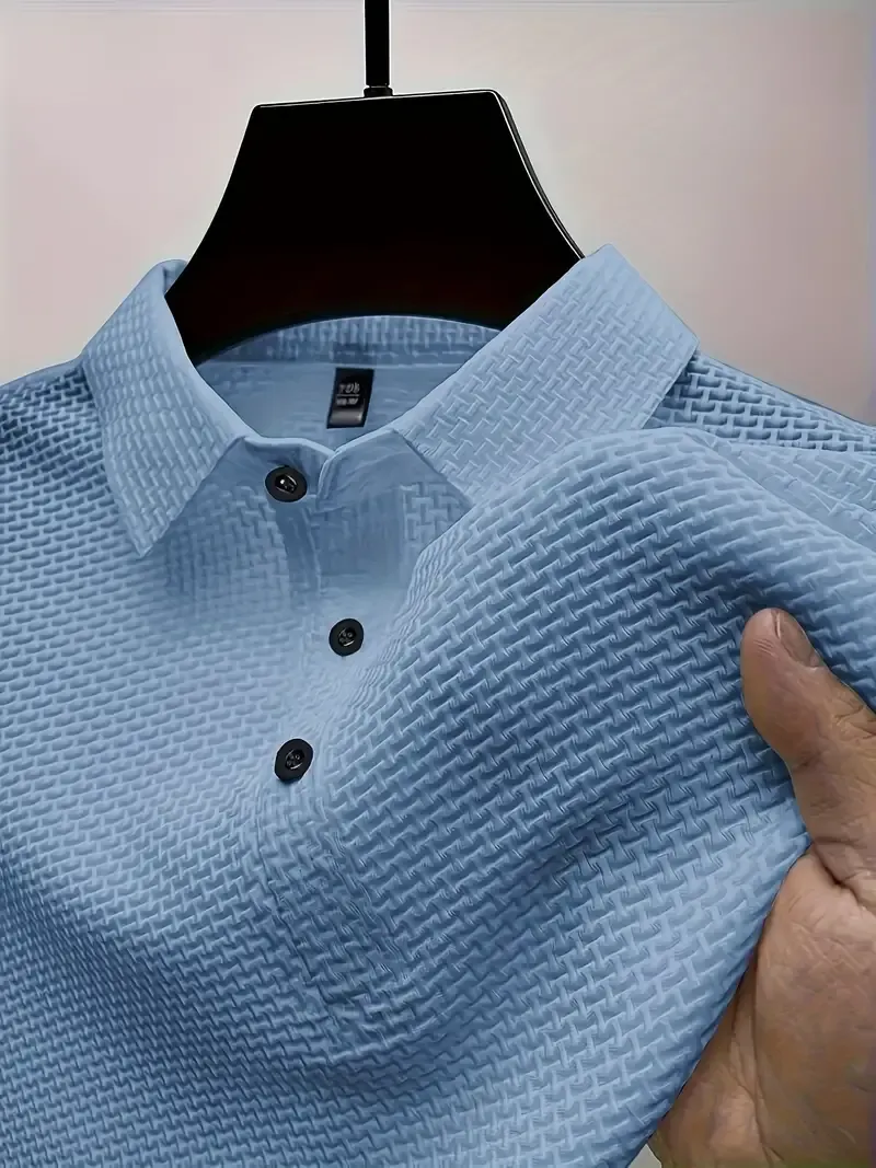 Comfy Short Sleeve Men's Lapel Neck T-shirt, Stretchy Trendy Tees For Summer Casual Daily Style Fashion Clothing