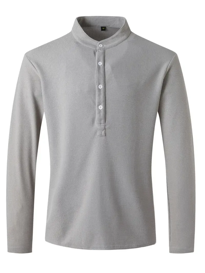 Solid Lapel Shirt, Men's Casual V-Neck Pullover Long Sleeve Shirt For Spring Autumn, Men's Clothing