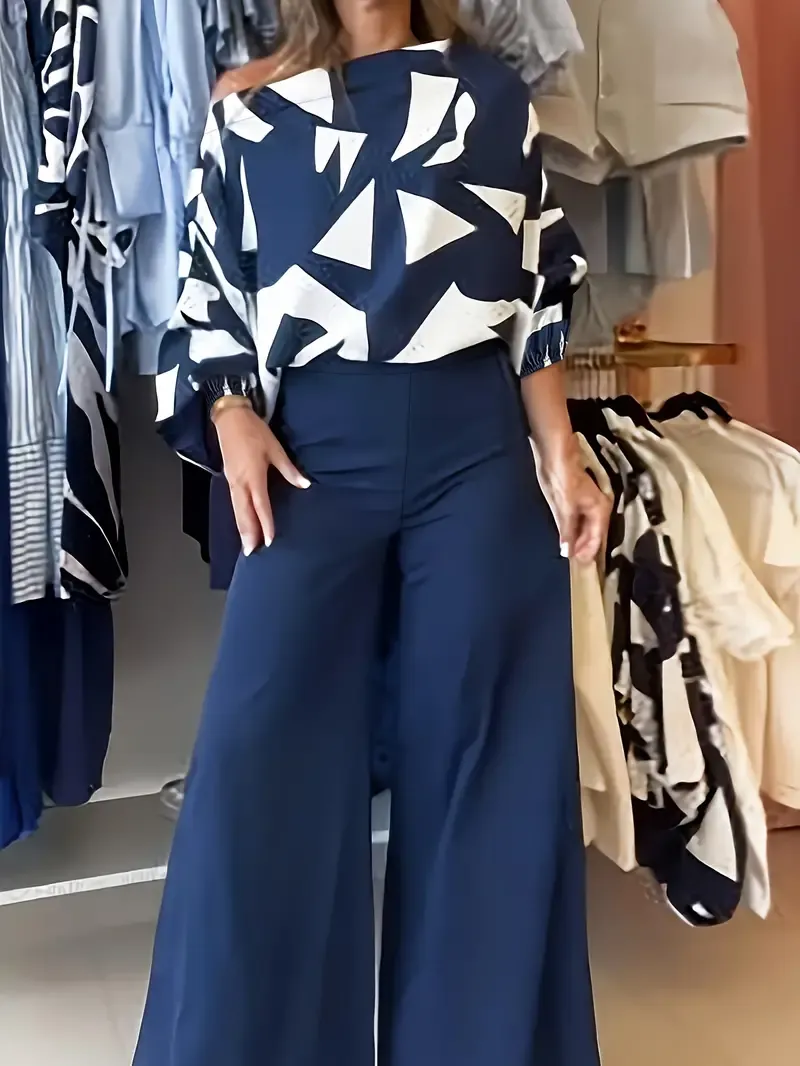 Women's Elegant Printed Top and Wide-Leg Pants Set, Polyester Blend, Off-Shoulder or One-Shoulder,  Two-Piece Outfit