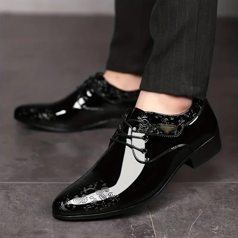 Men's Glossy Derby Shoes, Lace-up Front Dress Shoes For Men, Business Formal Wedding Black Tie Optional Events