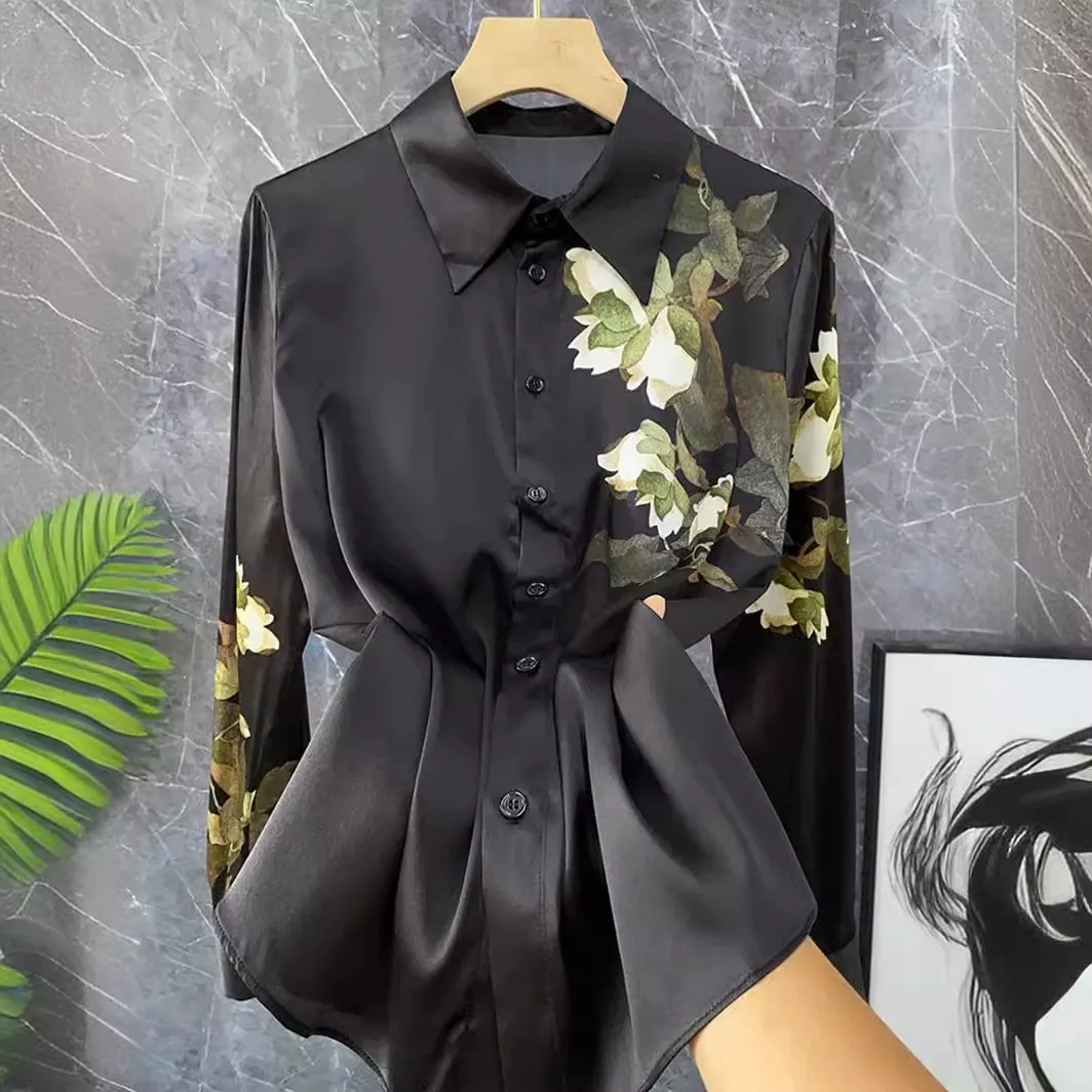 Black printed silk blouse with long sleeves made of mulberry silk