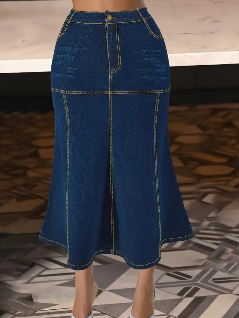 Stylish Plus Size Dark Washed Trumpet Denim Skirt - High Waist