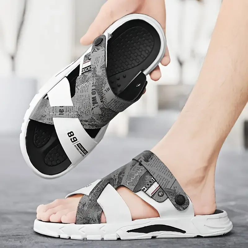 Men's Alphabet Print Casual Dual-Purpose Sandals Slippers With PU Leather Uppers, Non-Slip Beach Shoes For Summer Outdoor