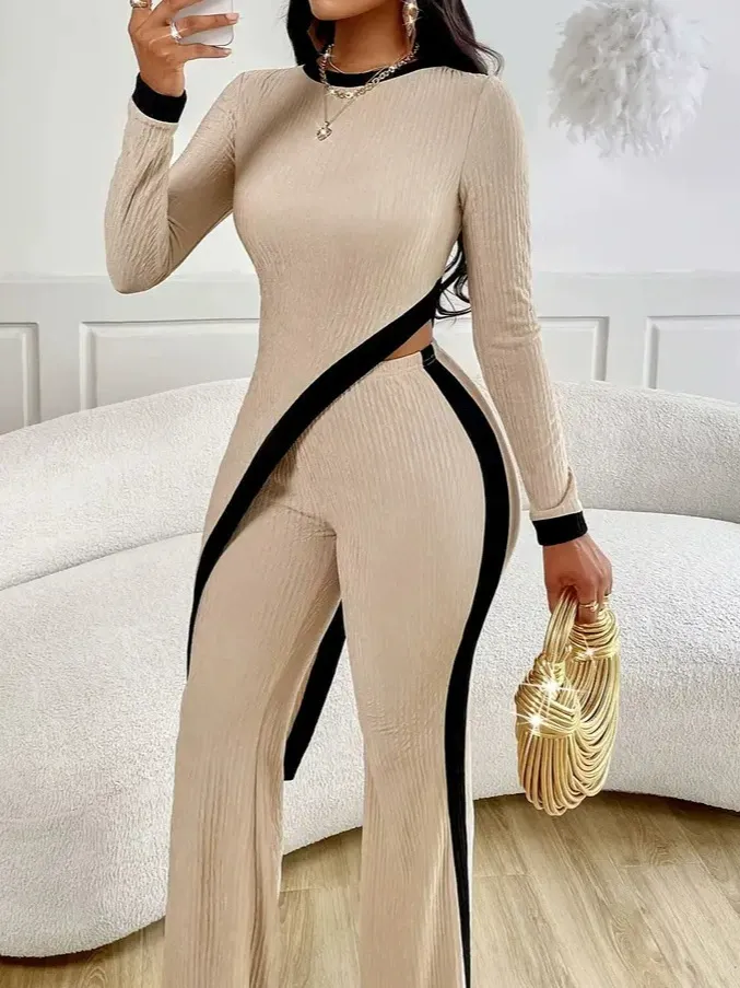 New women's fashion long-sleeved contrast color side slit T-shirt + splicing trousers suit
