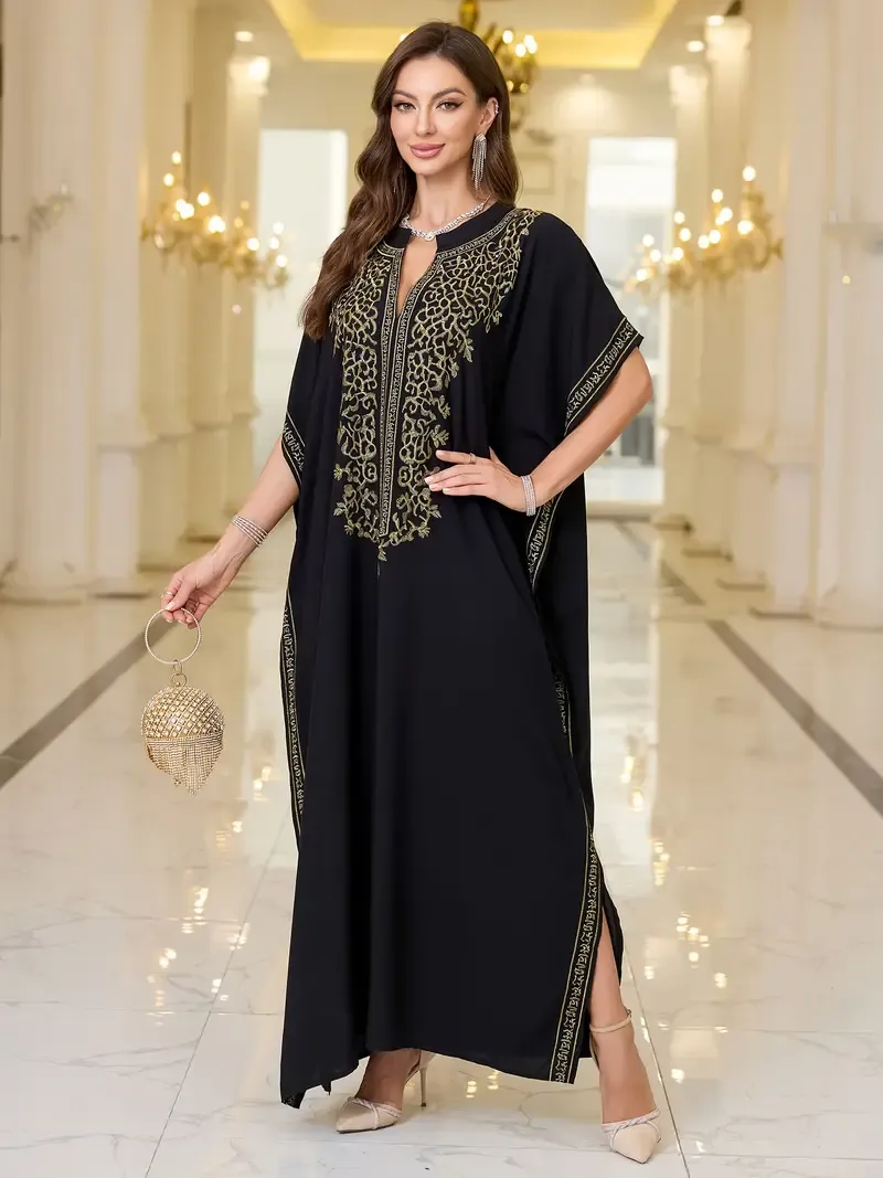 Elegant Boho Kaftan Dress - Embroidered, V-Neck with Batwing Sleeves & Side Slits | Comfortable Beach Cover-Up for Women