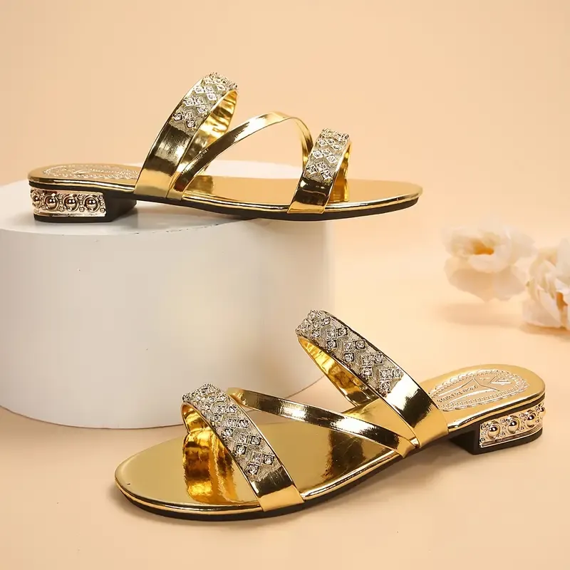 Women's Rhinestone Decor Golden Slides, Fashionable Open Toe Summer Flat Shoes, Casual Outdoor Beach Slide Sandals