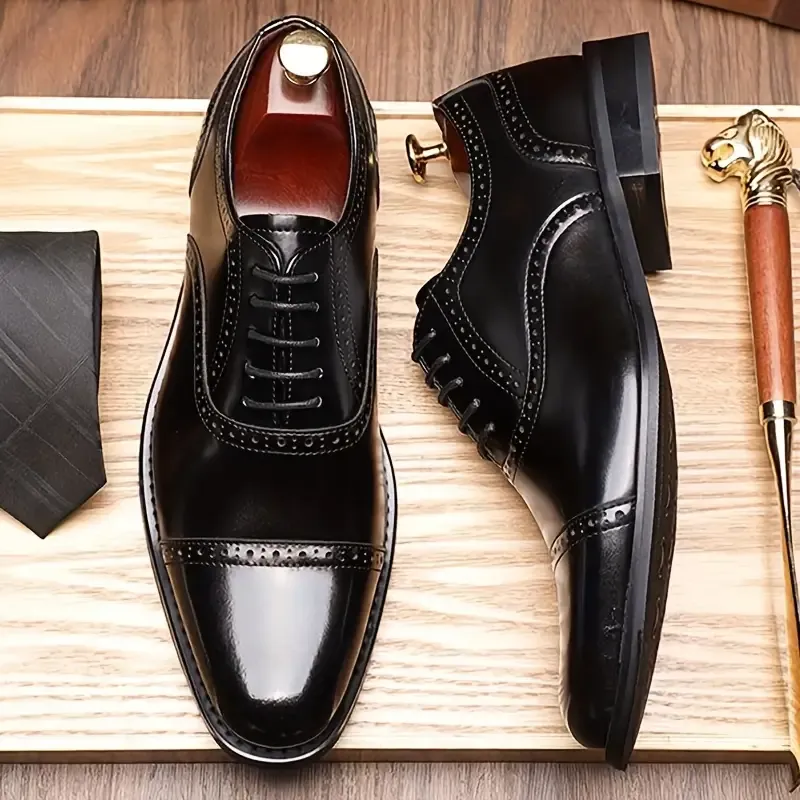 Men's Split Cow Leather Upper Solid Color Cap Toe Microfiber Upper Oxford Shoes, Comfy Non Slip Rubber Sole Durable Formal Shoes, Men's Footwear