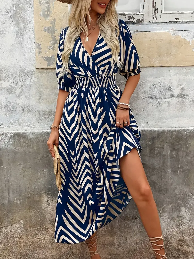 Chevron Print Surplice Neck A-line Dress, Vacation Short Sleeve Shirred Waist Midi Dress For Spring & Summer, Women's Clothing